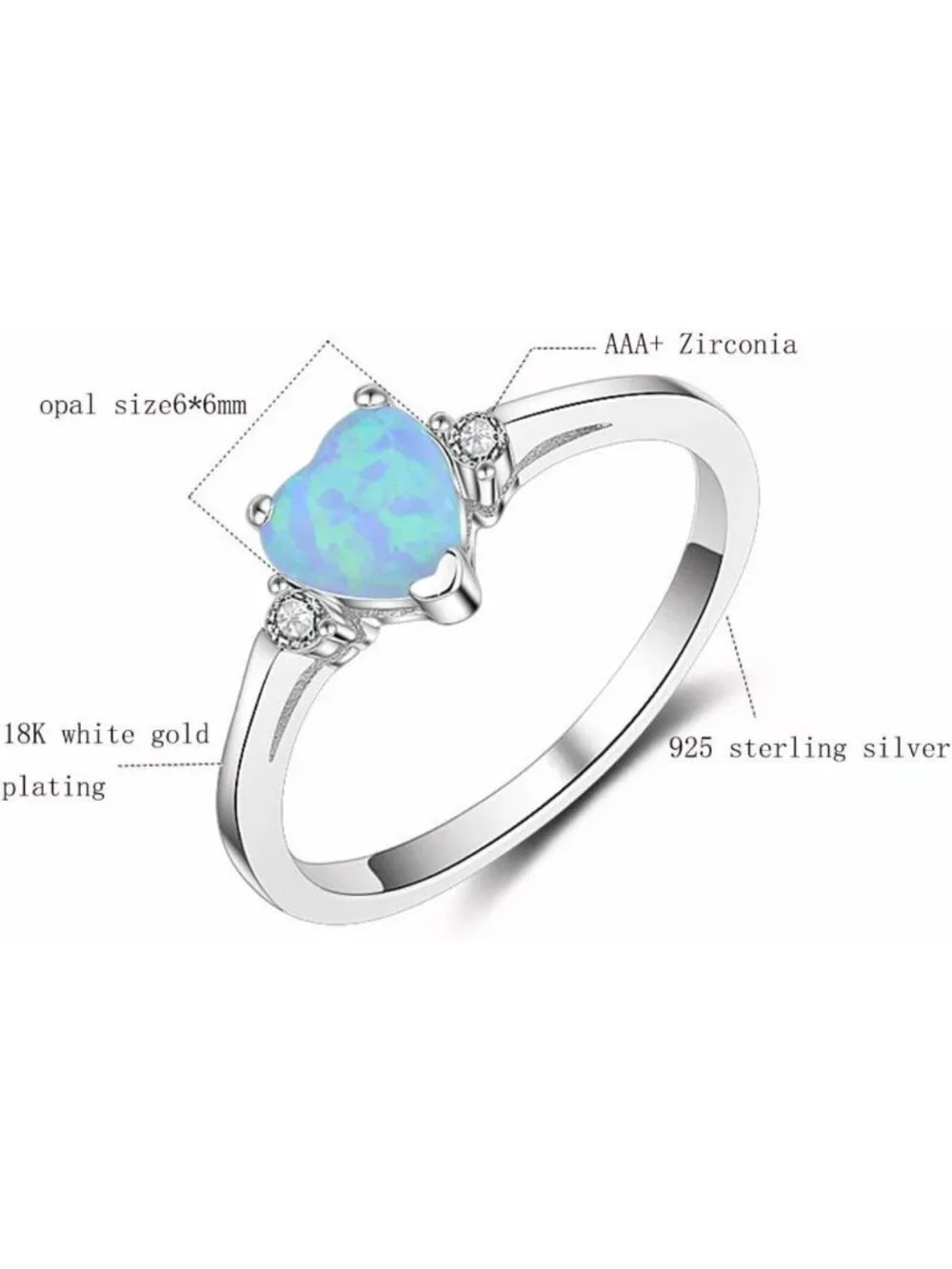 925 Sterling Silver Heart White Opal Engagement Promise Ring - Elegant Gift